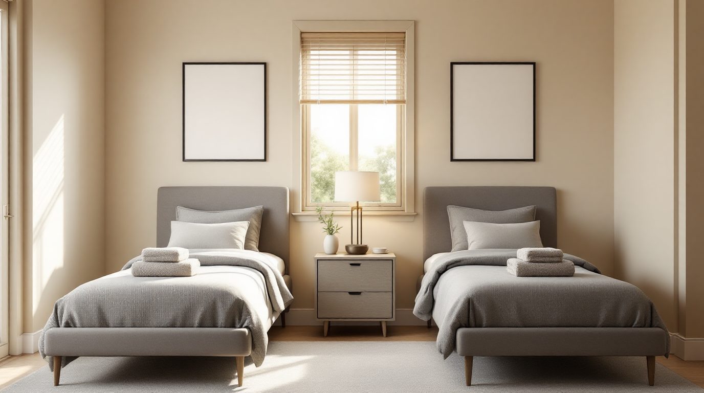 Illustration of a calm bedroom with two neatly made single beds, a nightstand between them, and natural light from a window.