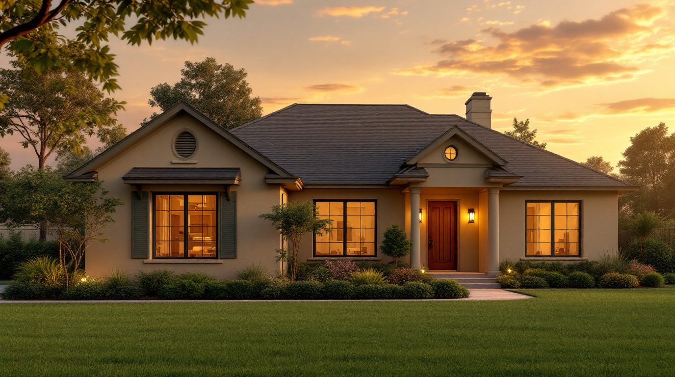 Illustration of a single-story home at sunset, with warm light in the windows and a green front lawn.