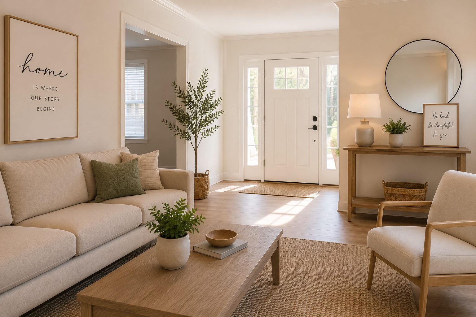 Illustration of a bright living room, with a sofa, coffee table, and sunny front entry. Framed wall art reads, "Home is where our story begins."
